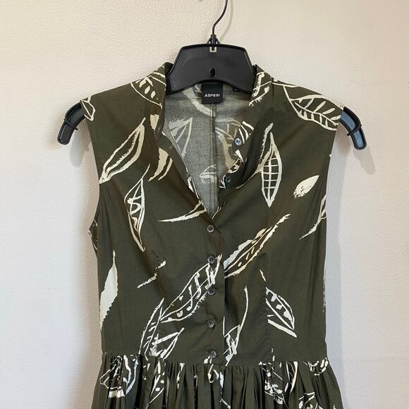 Aspesi Green Leave Printed Midi Length A-Line Dress Size 40 - Picture 5 of 10